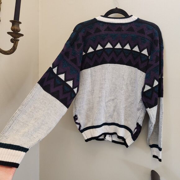 Vtg 90s Code Zero V-Neck Cardigan Sweater Knit Geometric Nordic Grandpacore Sz L - Picture 9 of 12